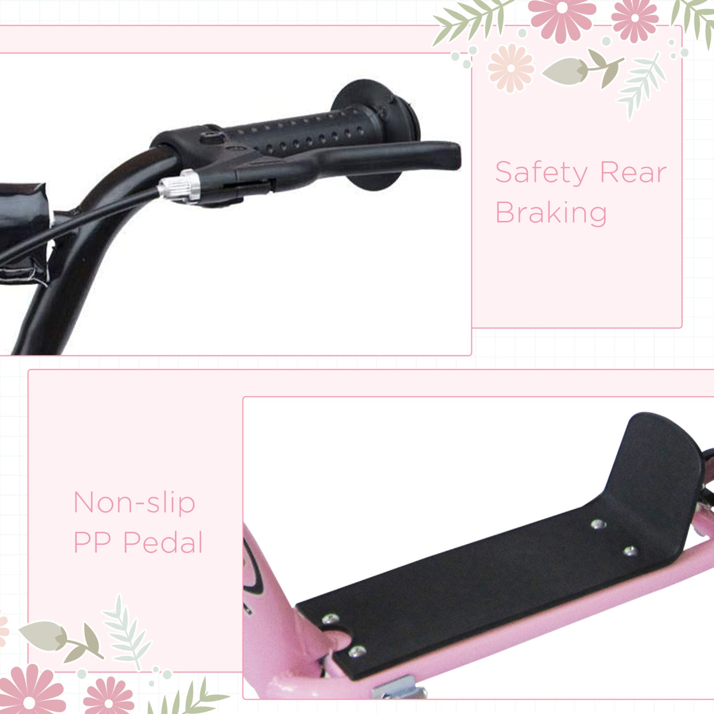 HOMCOM Kids Scooter Kick Scooter, with 12" EVA Tyres, Rear Brake, Big Wheels Scooter for 5-12 Years , Pink
