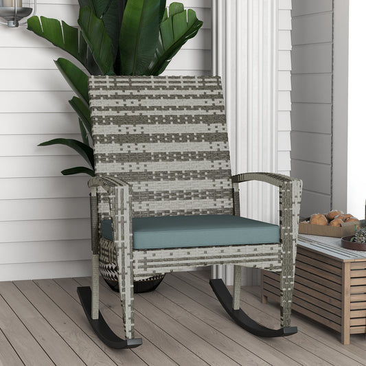 Outsunny PE Rattan Garden Rocking Chair, Outdoor Rocking with Cushion, 160 KG Capacity Wicker Garden Armchair Rocker with Metal Frame for Patio, Porch, Balcony, Light Grey