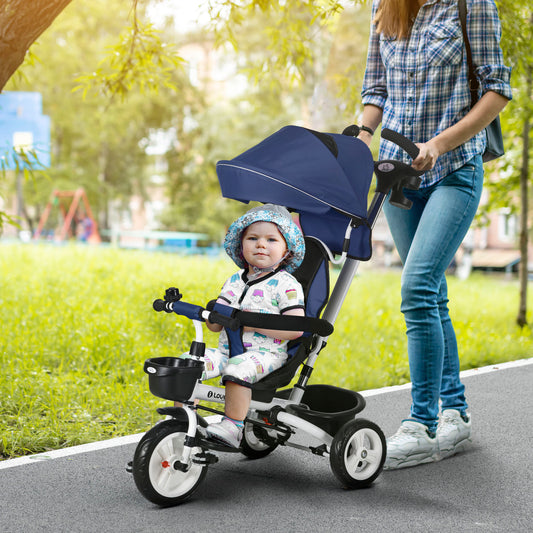 HOMCOM Metal Frame 6 in 1 Baby Push Tricycle with Parent Handle for 1-5 Years Old, Dark Blue