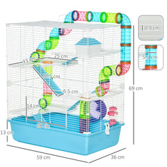 PawHut Hamster Cage w/ Water Bottle, Exercise Wheel, Tubes, Ramps - Light Blue