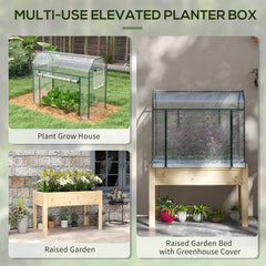 Outsunny Wooden Planter Box with Greenhouse Cover and Bed Liner, Raised Garden Bed for Vegetables, Flowers, Herbs