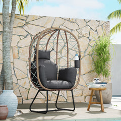 Outsunny Rattan Egg Chair Outdoor Indoor Wicker Chair with Thickened Cushion and Headrest, Standing Garden Egg Chair with Cup Holder, Metal Frame for Patio, Balcony, Brown