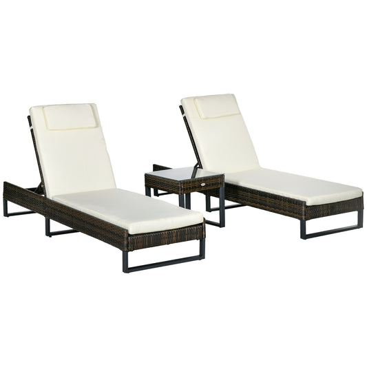 Outsunny Three-Piece Reclining Lounger Set, with Glass-Top Table - Cream