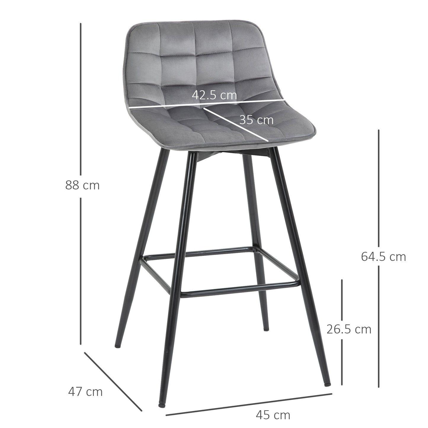 HOMCOM Set of 2 Bar Stools Velvet-Touch Dining Chairs Kitchen Counter Chairs Fabric Upholstered seat with Metal Legs, Backrest, Grey