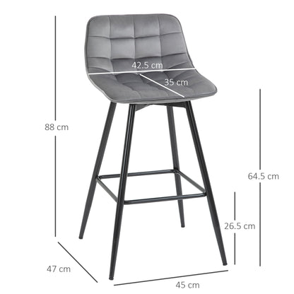 HOMCOM Set of 2 Bar Stools Velvet-Touch Dining Chairs Kitchen Counter Chairs Fabric Upholstered seat with Metal Legs, Backrest, Grey