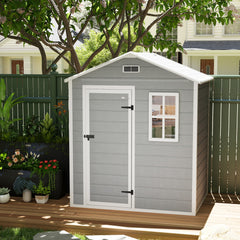 Outsunny 6 x 4ft Garden Shed, Plastic Shed with Floor, Window, Lockable Door and Vents, Wood Effect Resin Tool Shed for Outdoor, Grey