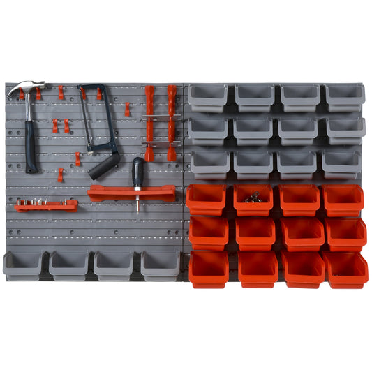 DURHAND 44 Piece Wall Mounted Tool Rack Organiser Storage Bins and Panel Set with Shelf Hook Screws Accessories Red