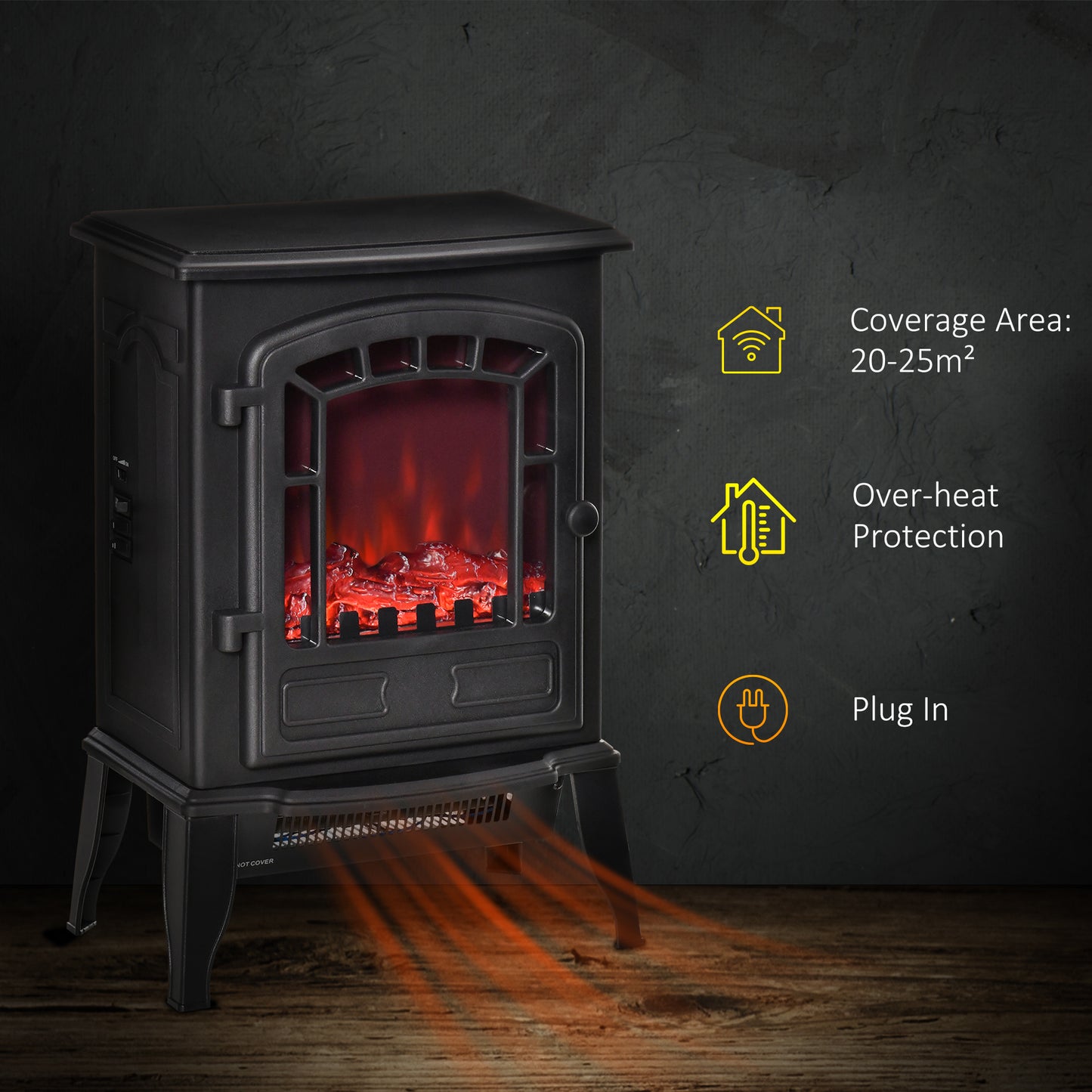 HOMCOM Free standing Electric Fireplace Stove, Fireplace Heater with Realistic Flame Effect, Overheat Safety Protection, 1000W/2000W, Black