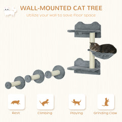 PawHut 4 Piece Cat Shelf with Scratching Post, Wall-Mounted Cat Tree for Indoor Cat - Grey