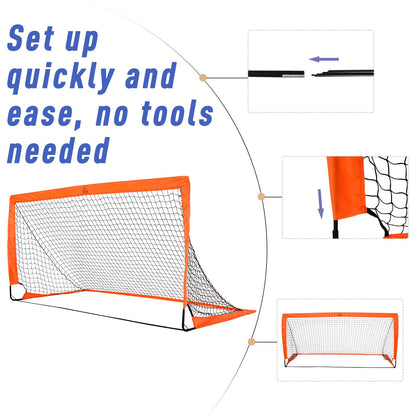 HOMCOM Set of 2 Football Goal Net 6 x 3 ft Foldable Outdoor Sport Training Teens Adults Football with Carrying Bag Orange