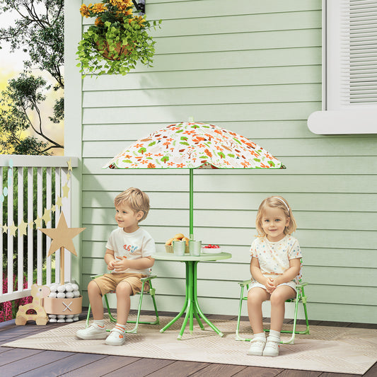 AIYAPLAY 4 Pieces Kids Garden Table and Chair Set with Adjustable Parasol, Folding Chairs, Table, Fox Pattern, Green