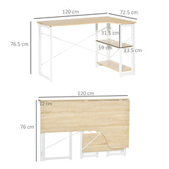 HOMCOM Folding Desk, L Shaped Desk, Corner Computer Desk with 2-Tier Storage Shelf for Home Office, Study Room, Workstation, Easy Assembly, 120 x 72.5 x 76.5cm, Oak Tone