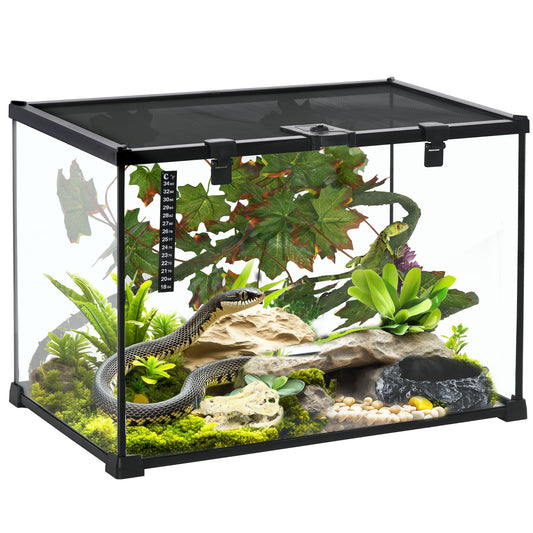 PawHut Glass Reptile Terrarium with Decor Kit, Breeding Tank with Thermometer for Small Animals, 50 x 30 x 35cm, Heated - Black