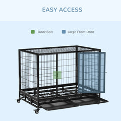 PawHut 43" Heavy Duty Metal Dog Crate Pet Cage with Tray Wheeled Dog Kennel - Black (Large)