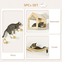 PawHut Wall Mounted Cat Shelves, with House, Hammock, Scratching Post - Oak Tone