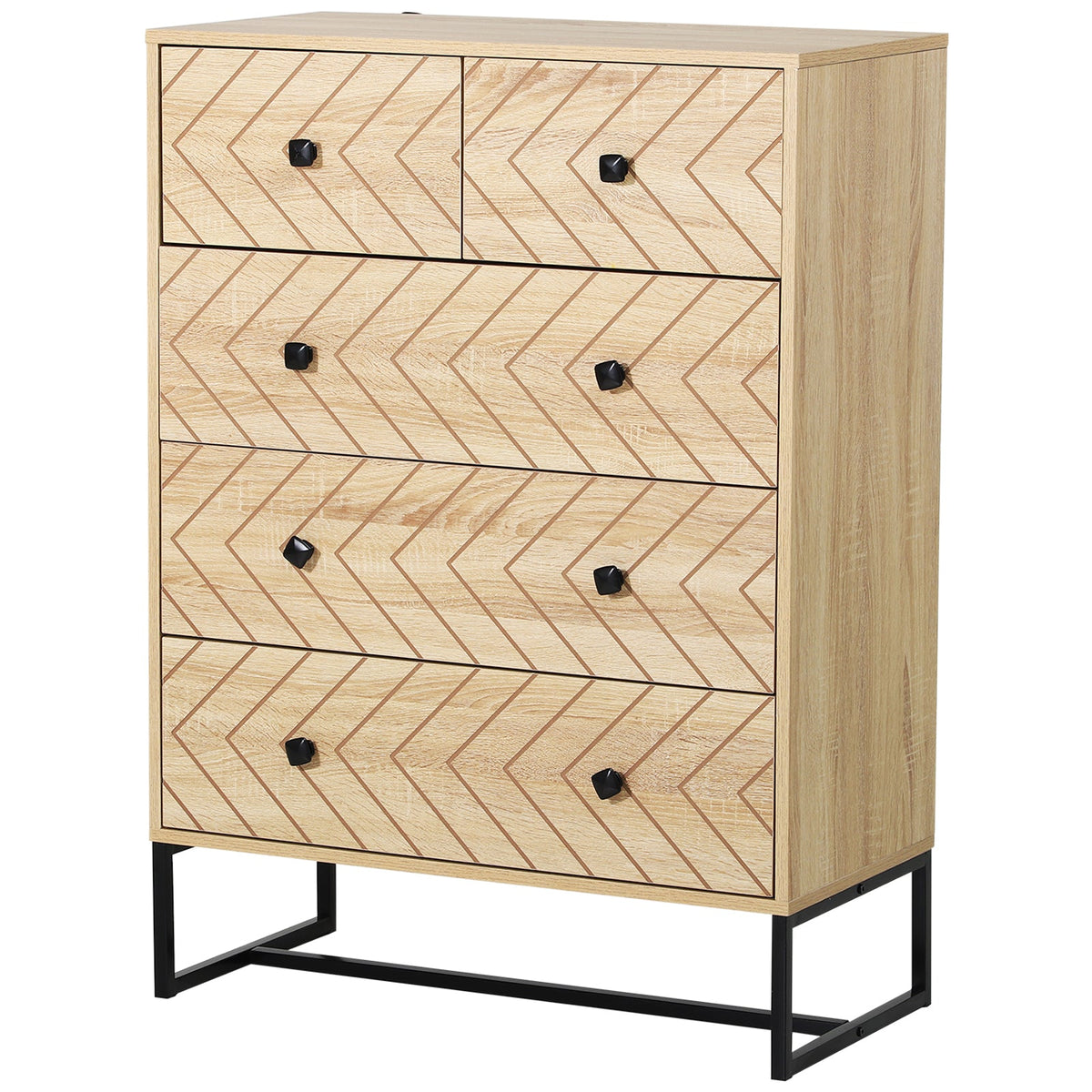 HOMCOM 5 Drawer Chest Sideboard Cabinet Storage Unit Bedroom Home Unique Zigzag Design w/ Black Metal Handles Anti Tip & Top