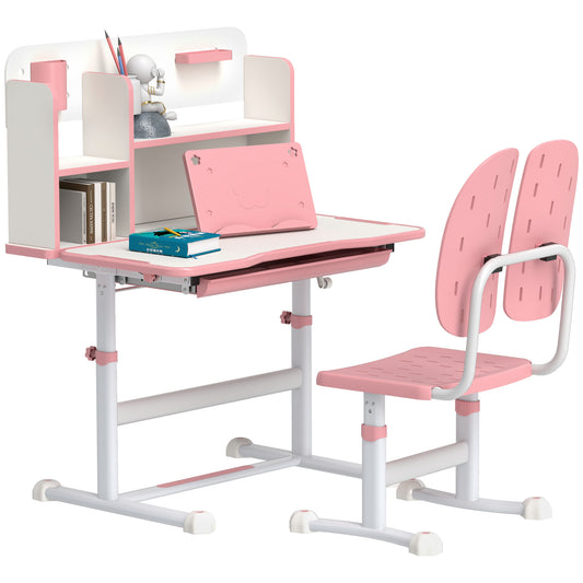 AIYAPLAY Height Adjustable Kids Desk and Chair Set, Children School Study Desk with Tiltable Desktop, Reading Rack, Pink