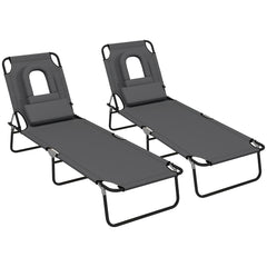 Outsunny Outdoor Foldable Sun Lounger Set of 2, 4 Level Adjustable Backrest Reclining Sun Lounger Chair with Pillow and Reading Hole, Dark Grey