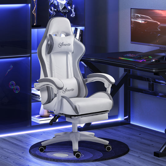 Vinsetto Computer Gaming Chair, PU Leather Desk Chair with Footrest, Swivel Task Chair with 135√Ç¬∞ Reclining Back and Lumbar Support, PC Chair for Adults, White and Grey