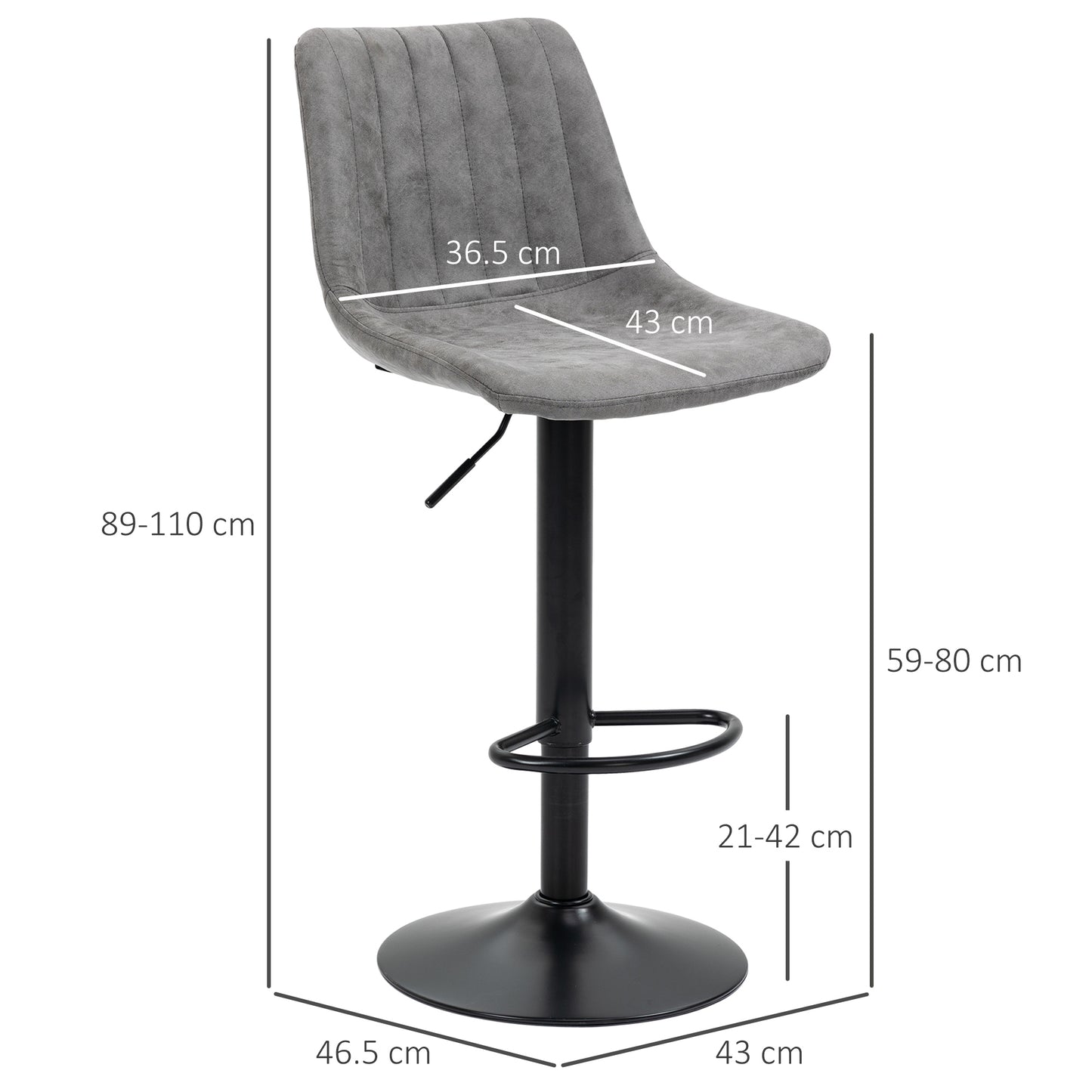 HOMCOM Modern Bar Stools Set of 2, Height Adjustable Swivel Bar Chairs with Backrest, Gas Lift and Footrest, Microfibre Barstools for Breakfast Counter, Kitchen Island, Grey