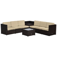 Outsunny 6-Seater Rattan Sofa Furniture Set W/Cushions, Steel Frame-Brown