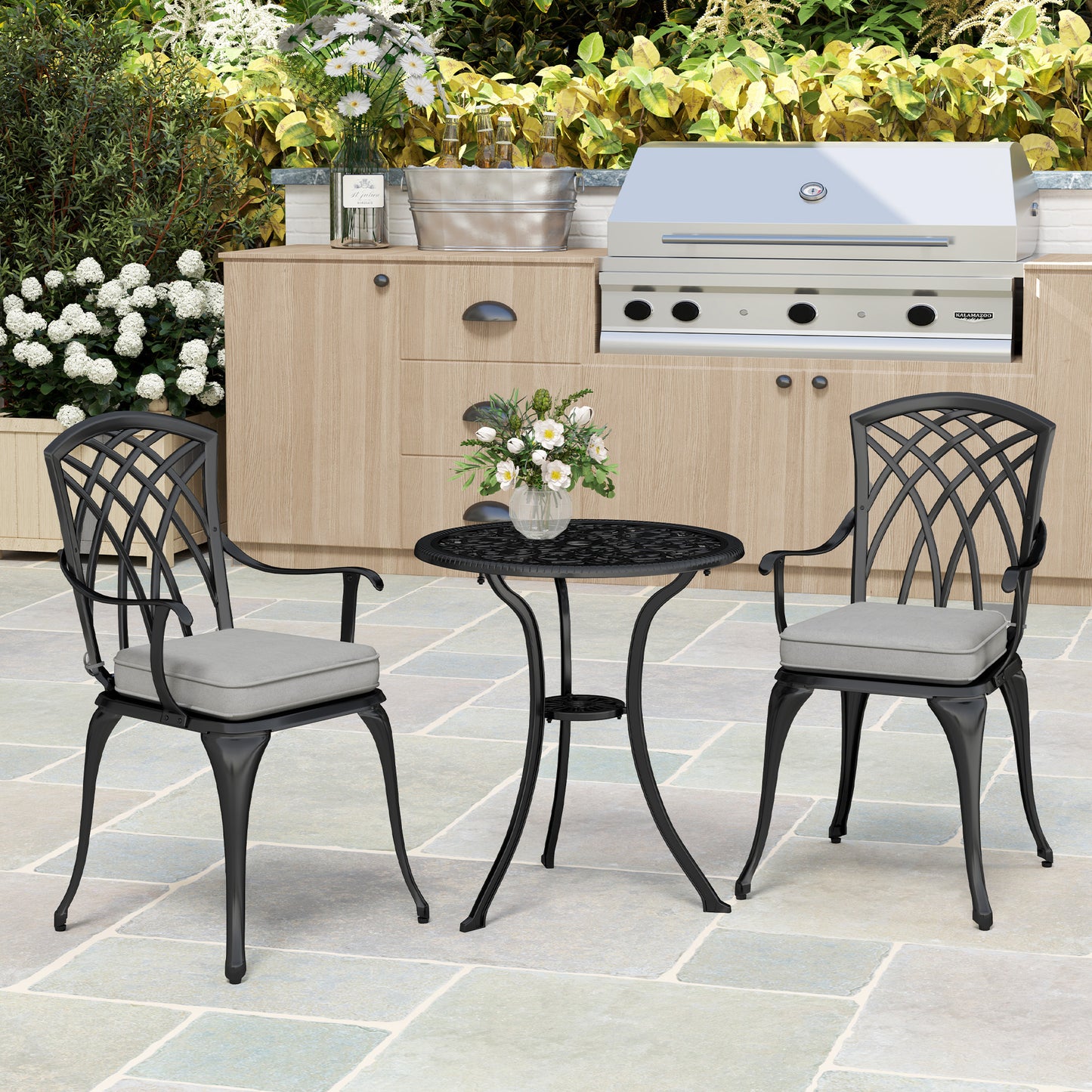 Outsunny 3 Piece Cast Aluminium Garden Bistro Set for 2, Outdoor Coffee Table Set Rust Resistant with Parasol Hole, Cushions, Patio Table and Chairs for Garden, Balcony, Black