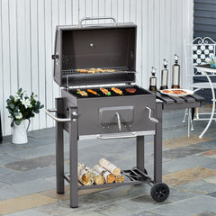 Outsunny Charcoal Grill BBQ Trolley with Adjustable Charcoal Grate, Garden Metal Smoker Barbecue with Shelf, Side Table, Wheels, Built-in Thermometer, Bottle Opener