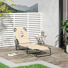 Outsunny Outdoor Foldable Sun Lounger, 4 Level Adjustable Backrest Reclining Sun Lounger Chair with Pillow and Reading Hole, Beige