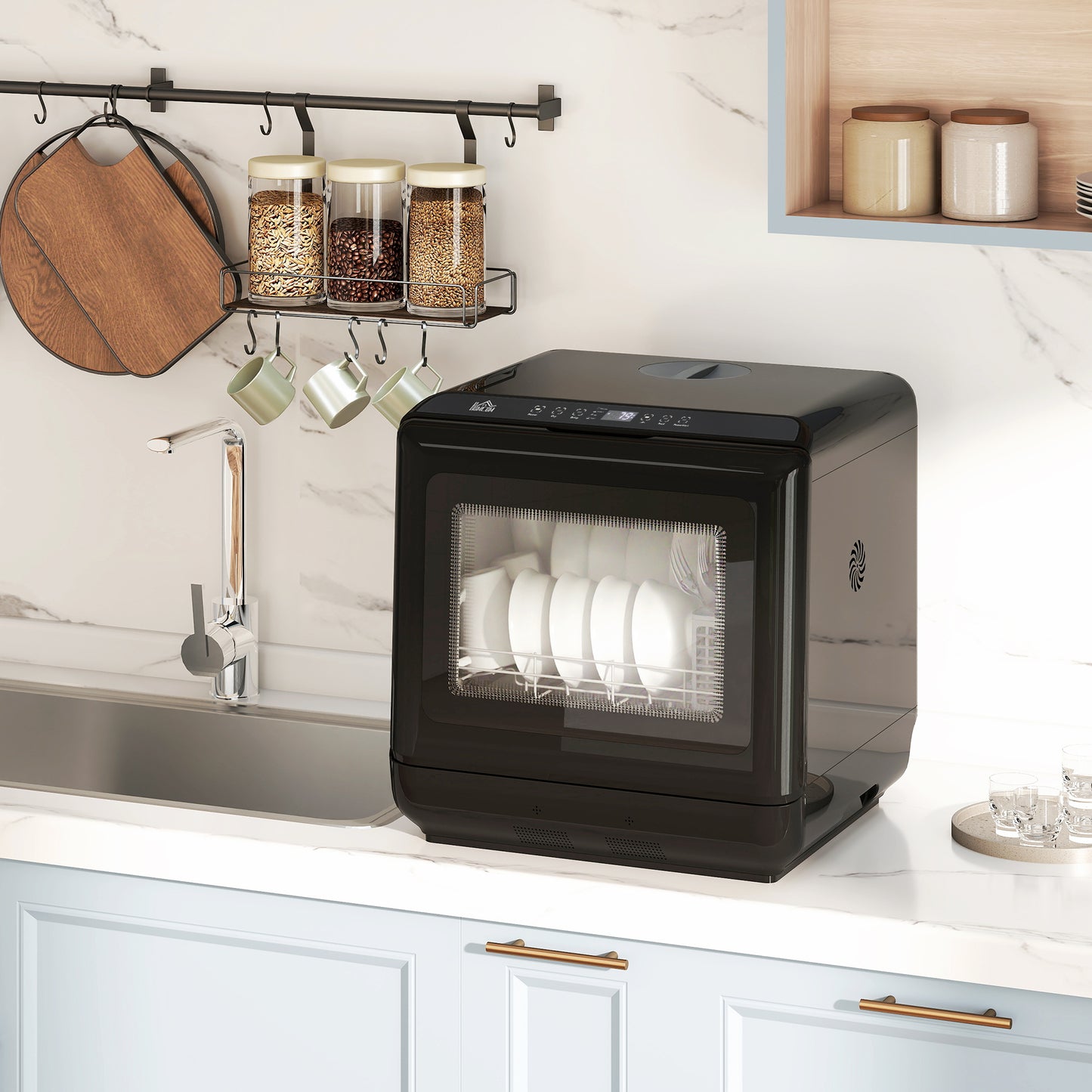 HOMCOM Table Top Dishwasher, Mini Countertop Dishwasher with Built-in 6L Water Tank, 6 Programs, Touch Control, LED Display, 4 Place Settings, Dual Water Supply and Air Drying Function, Black