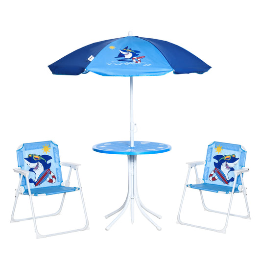 Outsunny Kids Outdoor Bistro Table and Chair Set, Folding Garden Furniture w/ Shark Design, Removable, Adjustable Sun Umbrella, Ages 3-6 Years - Blue