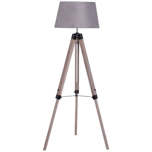 HOMCOM Tripod Floor Lamps for Living Room Bedroom, Modern Adjustable Standing Lamp with Wood Legs, Drum Fabric Shade, 99-143cm, Grey