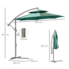 Outsunny 2.7m Banana Parasol Cantilever Umbrella with Crank Handle, Double Tier Canopy and Cross Base for Outdoor, Hanging Sun Shade, Green