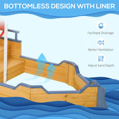 مجموعة ألعاب خارجية على شكل سفينة قرصان خشبية وقارب رملي للأطفال من Outsunny مع بطانة سفلية للمقعد