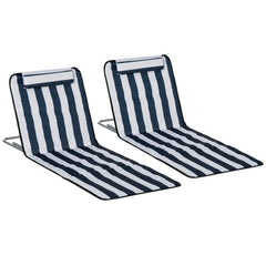 Outsunny Set of 2 Foldable Garden Beach Chair Mat Lightweight Outdoor Sun Lounger Seats Adjustable Back Metal Frame PE Fabric Head Pillow w/ Carry Bag, Blue