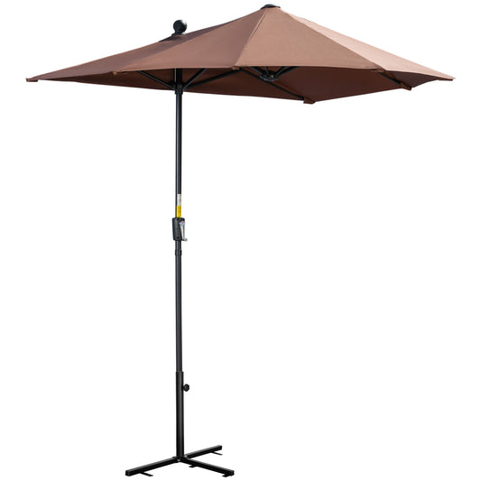 Outsunny 2m Half Parasol Market Umbrella Garden Balcony Parasol with Crank Handle, Base, Double-Sided Canopy, Coffee