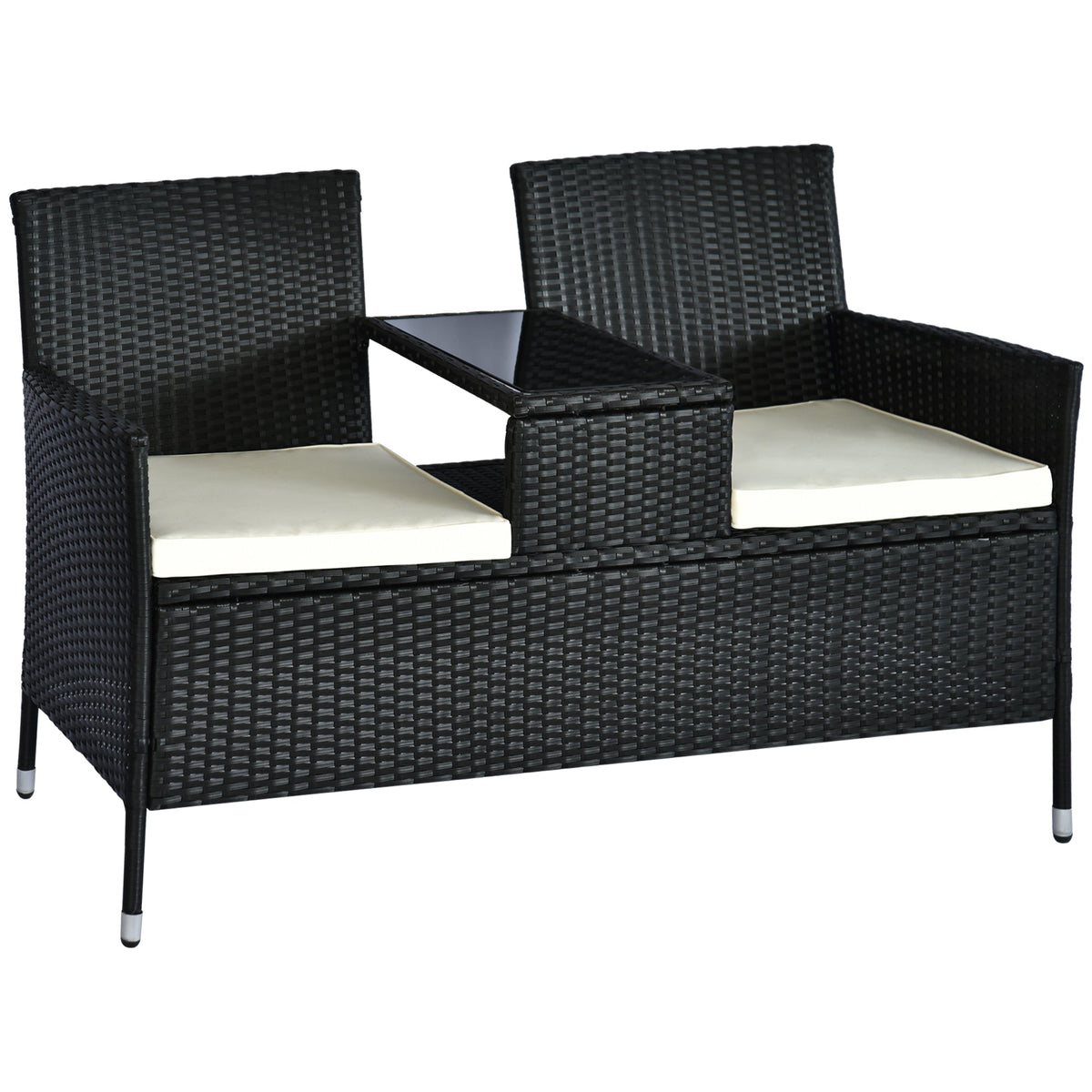 Outsunny 2 Seater Rattan Campanion Chair Wicker Loveseat Outdoor Patio Armchair with Drink Table Garden Furniture - Black