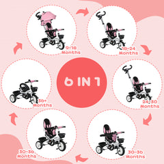 HOMCOM Metal Frame 6 in 1 Baby Push Tricycle with Parent Handle for 1-5 Years Old, Pink