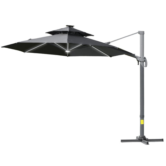 Outsunny 3m Cantilever Parasol w/ Solar Lights Power Bank Base 360√Ç¬∞ Spin Dark Grey