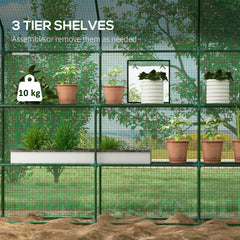 Outsunny Walk-in Greenhouse with 3 Tier 12 Shelves, Small Greenhouse with Reinforced PE Cover, Garden Plant Growhouse with Roll-up Door and Three Mesh Windows, 140 x 213 x 190 cm, Green