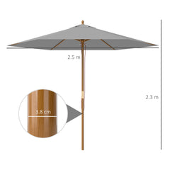 Outsunny 2.5m Wood Garden Parasol Sun Shade Patio Outdoor Wooden Umbrella Canopy Light Grey