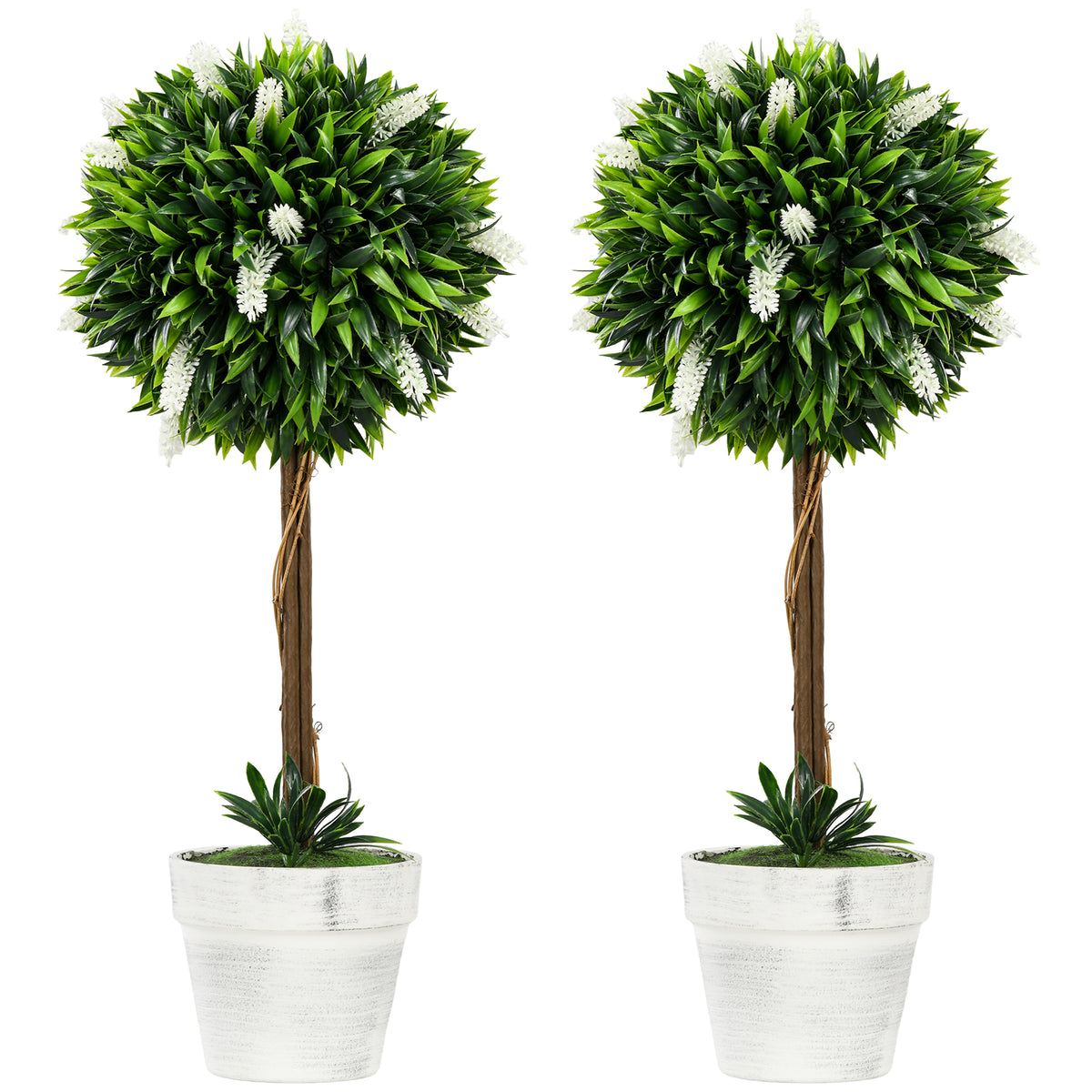 HOMCOM Set of 2 Decorative Artificial Plants Ball Trees with Flower for Home Indoor Outdoor Decor, 60cm ,White