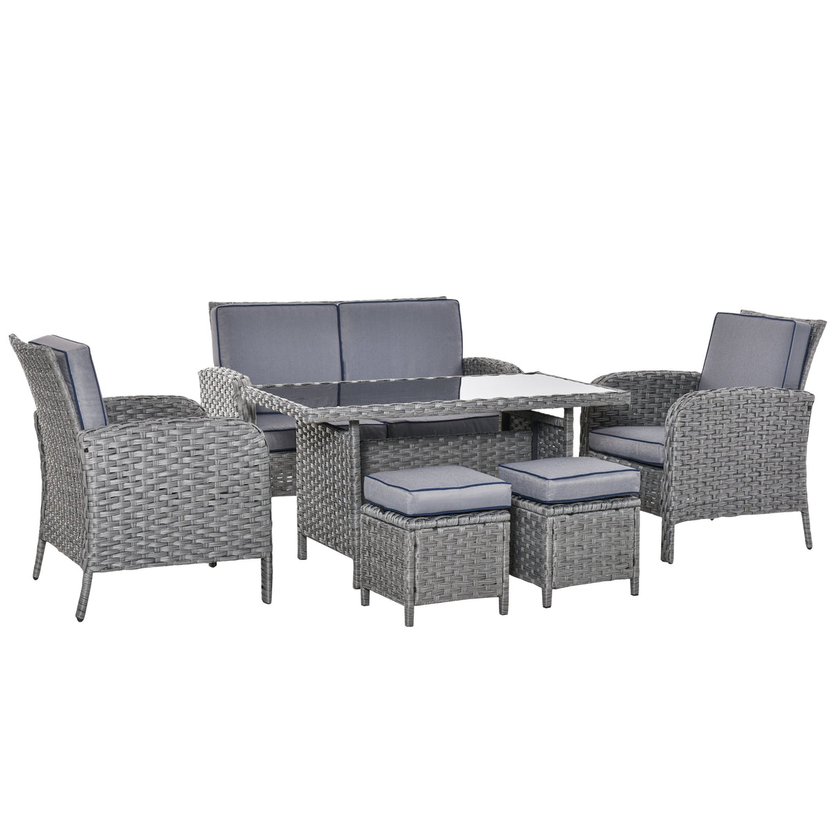 Outsunny 6 Pieces Outdoor Patio Rattan Dining Table Sets Bonzer All Weather PE Wicker Sofa Furniture Set for Backyard Garden w/ Cushions Grey