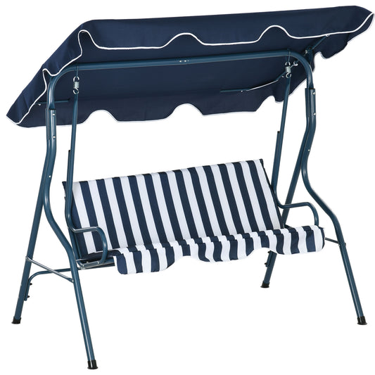 Outsunny 3 Seater Garden Swing Seat Chair Outdoor Bench with Adjustable Canopy and Metal Frame, Blue Stripes