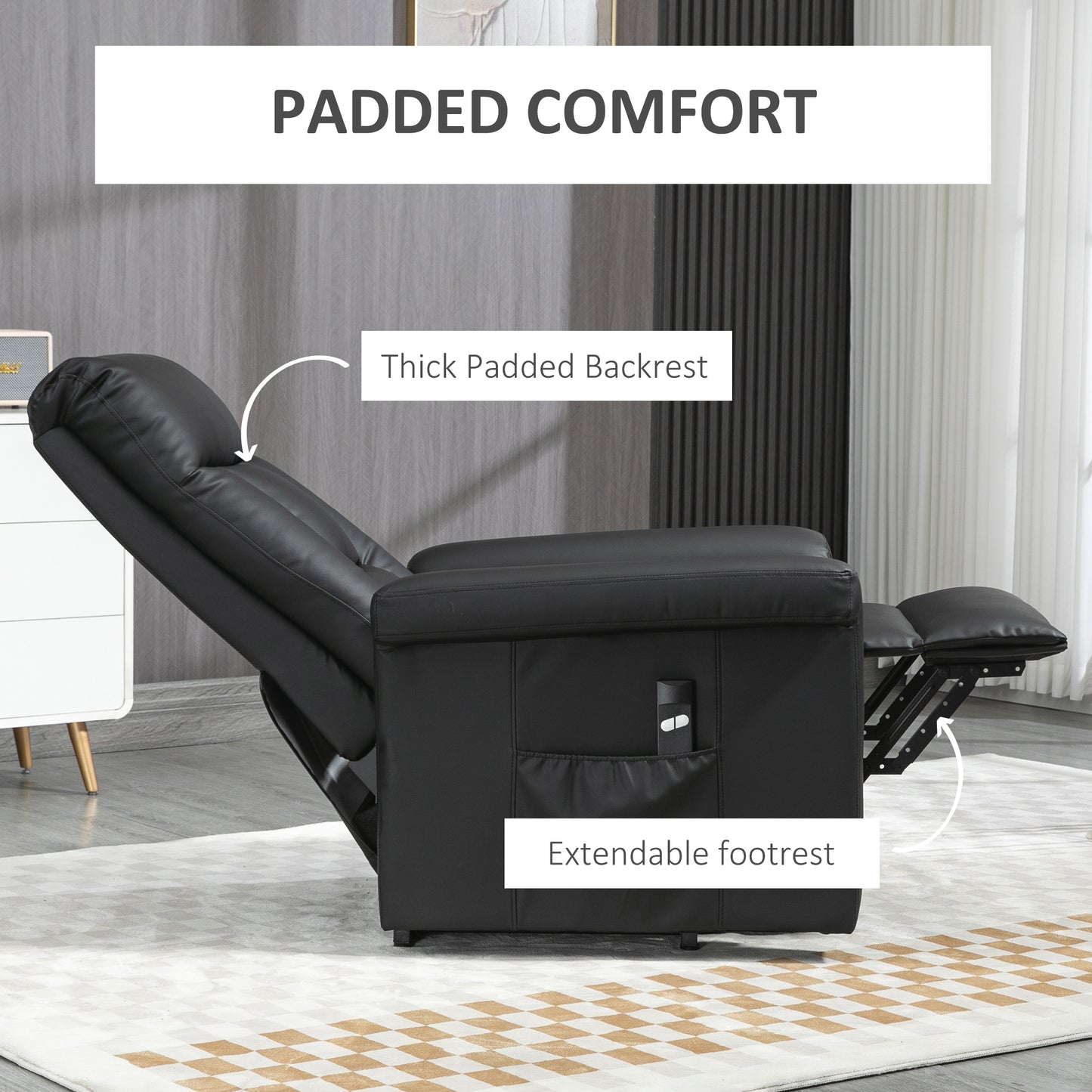 HOMCOM Power Lift Chair Armchair for the Elderly, PU Leather Recliner Chair with Extended Footrest, Remote Control and Side Pocket, Black