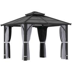 Outsunny 3 x 3(m) Hardtop Gazebo Canopy with 7mm Double Polycarbonate Roof, Garden Gazebo Permanent Pavilion with Mosquito Netting and Curtains for Patio, Deck, Dark Grey