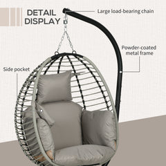 Outsunny Single Rattan Hanging Egg Chair, with Seat Cushion - Grey