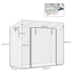 Outsunny Tomato Greenhouse Walk-in Garden Greenhouse with Pent Roof, Roll-up Door, Mesh Window for Plants Flowers Herbs Grow, 200 x 76 x 168 cm, White