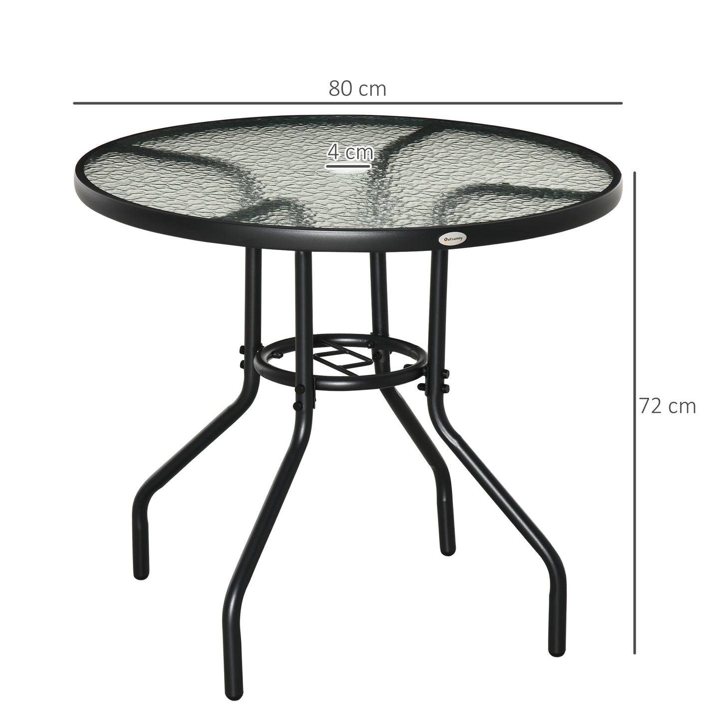 طاولة طعام مستديرة من Outsunny Outdoor √è‚Ä†80 سم مع سطح من الزجاج المقوى وإطار من الفولاذ وطاولة جانبية للقهوة مع فتحة مظلة للحديقة