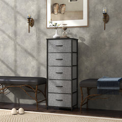 HOMCOM Fabric Chest of Drawers, Storage Drawers, Industrial Bedroom Dresser with 5 Fabric Drawers, Steel Frame and Wooden Top for Nursery, Living Room, Hallway, Dark Grey