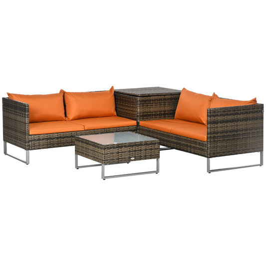 Outsunny Four-Piece Rattan Sofa Set, with Storage Table - Orange/Brown